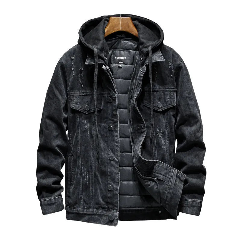 Thick cotton denim jacket for men, hooded lapel, slim fit, plain style, black colour