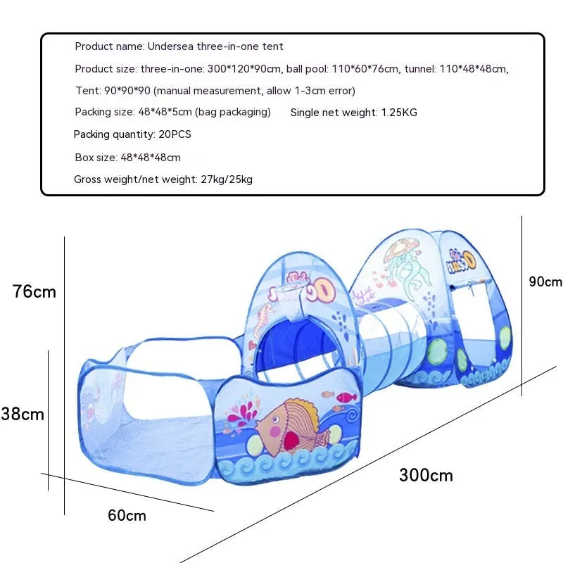 Three-in-one children's play tent set with inflatable ball pool and connecting tunnel in cartoon marine design