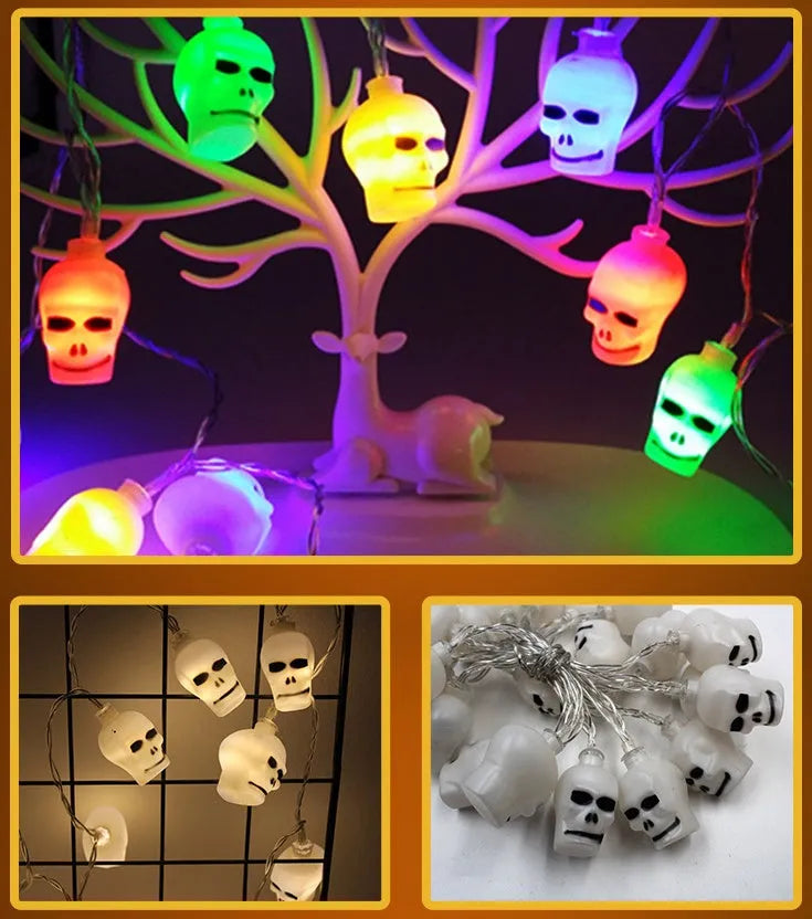 Halloween LED string lights with pumpkin, bat, and ghost decorations hanging on a wall
