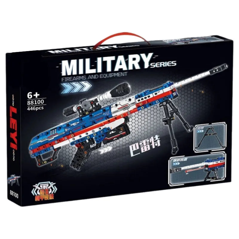 Patriotic Barrett sniper rifle building block toy set with red and gold small particle plastic bricks and rubber parts