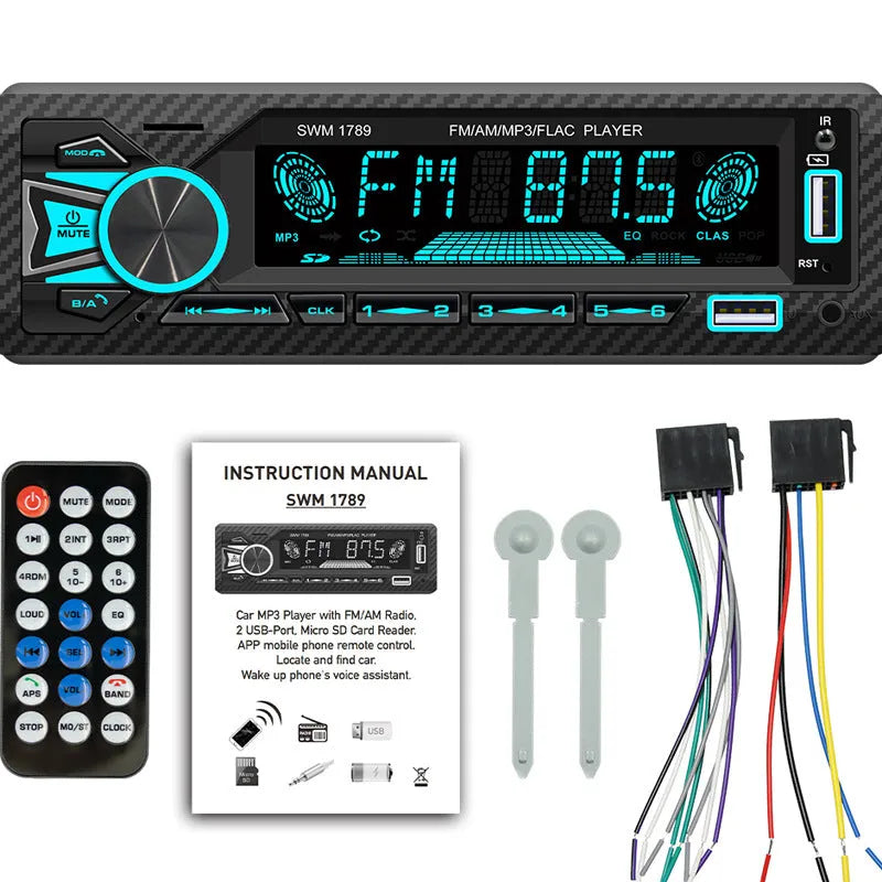 Car MP3 radio with USB and Bluetooth, metal plastic construction, 12V DC, includes remote control