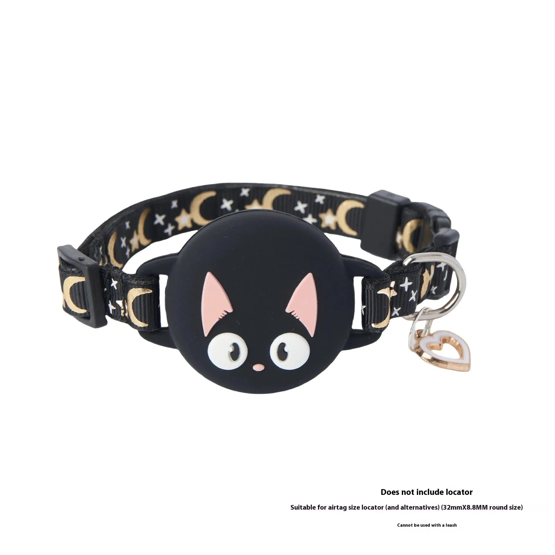 Pink adjustable cat collar with built-in white Apple AirTag protective case on a table.