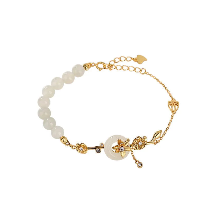 Women's 925 silver peace buckle bracelet with Hetian jade lotus inlay in retro style