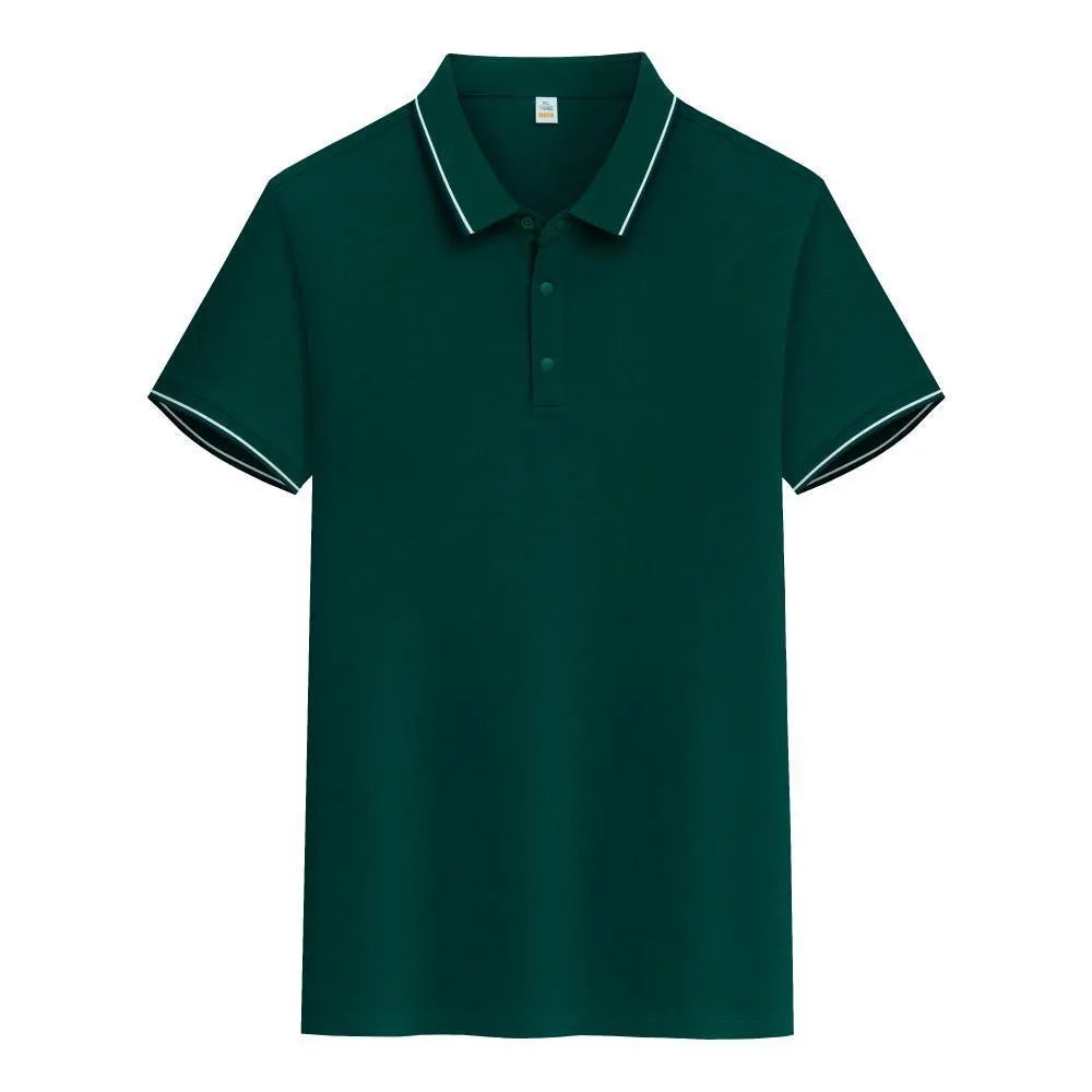 Man wearing a pure cotton short sleeve polo shirt with a lapel collar in a light blue colour.