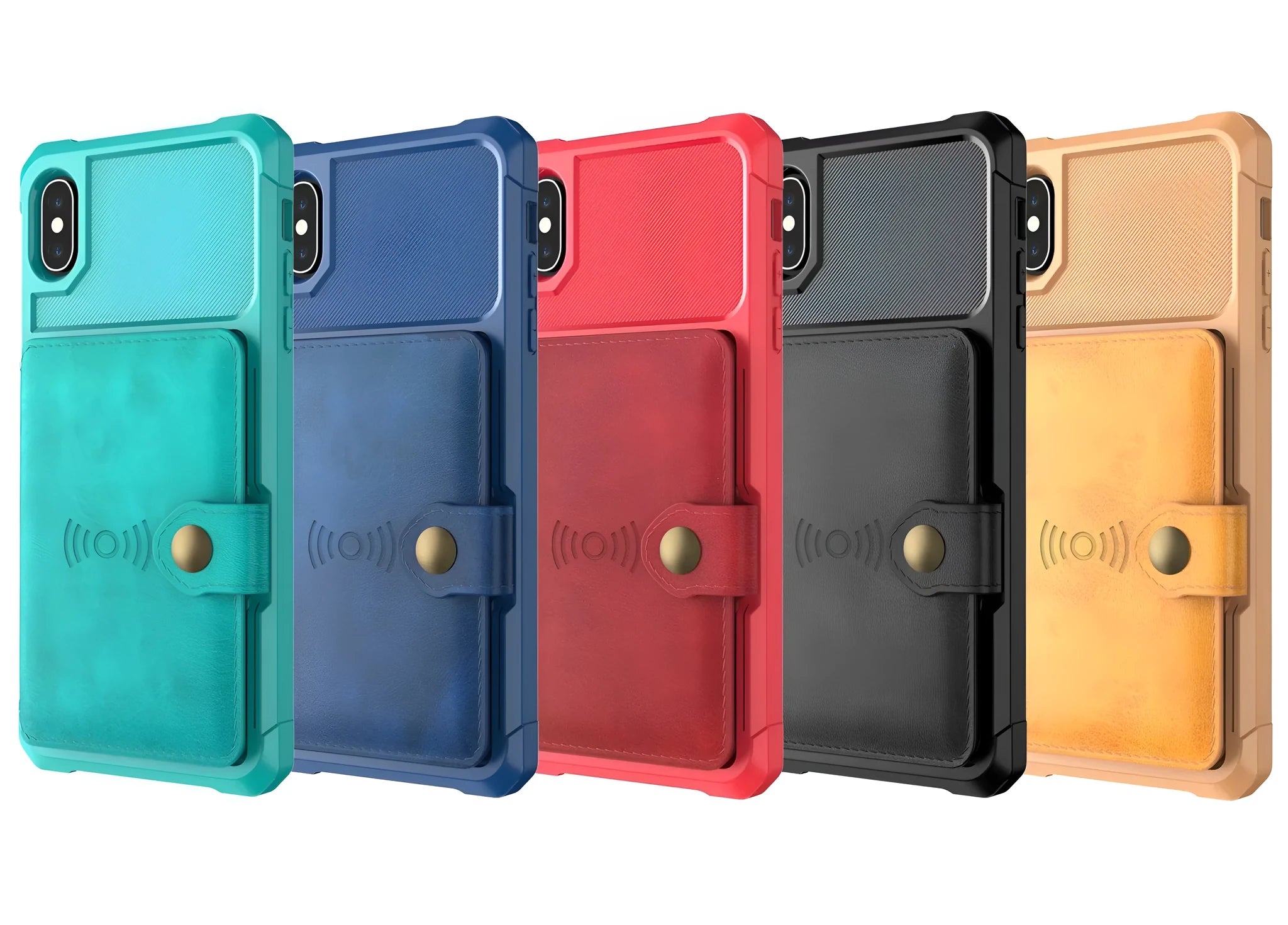 Geometric pattern PU mobile phone case in blue, shown on an iPhone model.