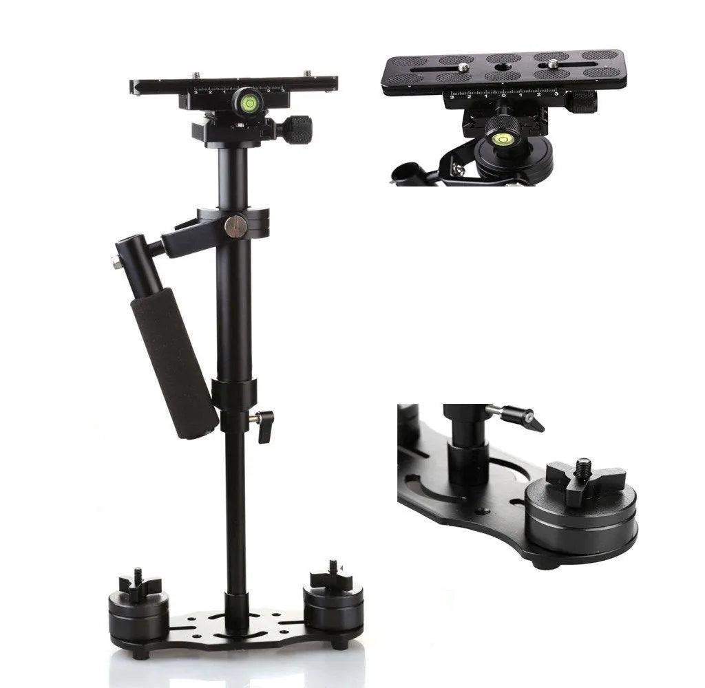 Black aluminium handheld camera stabilizer with adjustable height for S40 and S60 models.