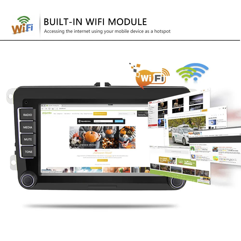 Universal Android 12 car stereo with 7-inch screen for Volkswagen, showing Carplay and app interface.