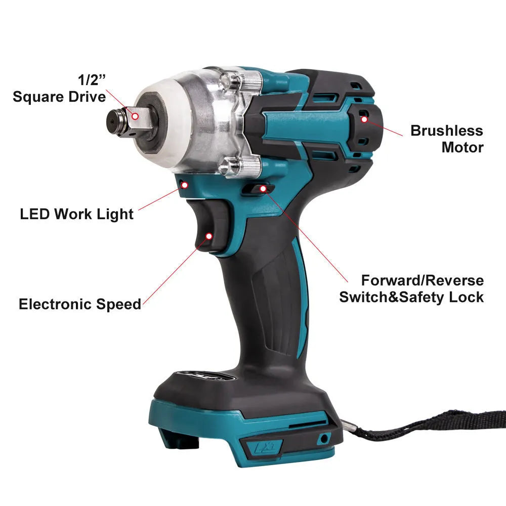 Dual use brushless electric impact wrench orange colour with lithium battery and driver head sj1000 on grey background