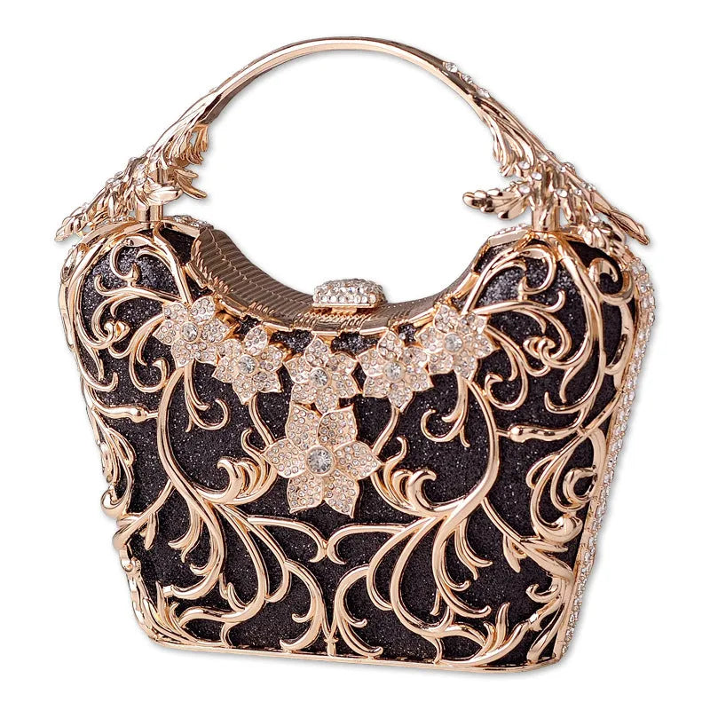 Hollow out shiny party clutch bag in hard PU, bucket shape, available in silver, black, purplish red, pink, gold