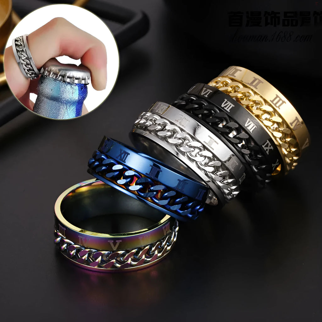 Men's titanium steel rotating letter chain bottle opener ring in silver finish on a surface