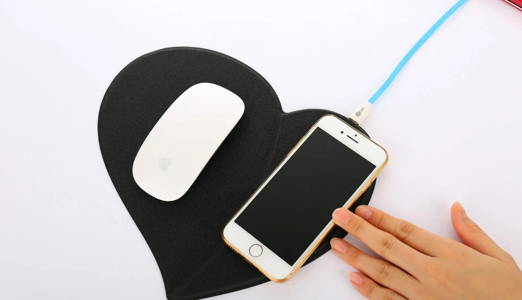 Heart shaped leather wireless charging mouse pad in black with USB cable