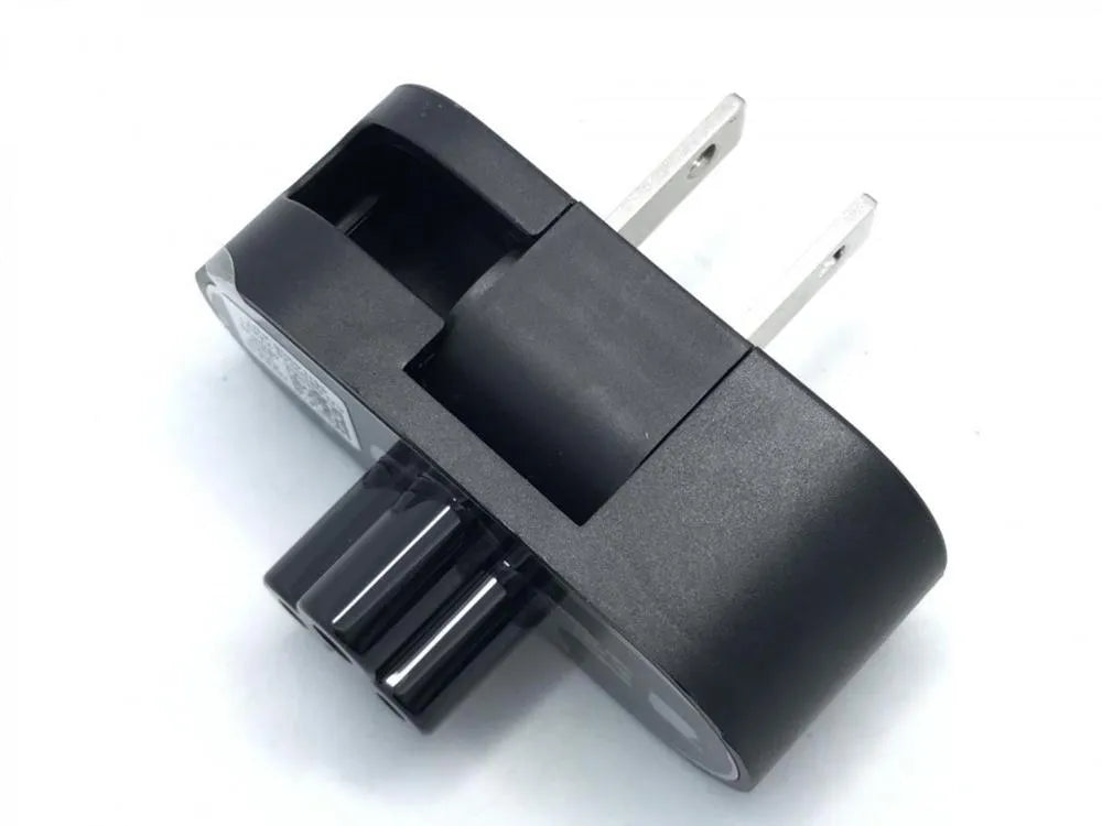 Black US notebook power head with a folding two-prong plug shown in straight and folded positions.