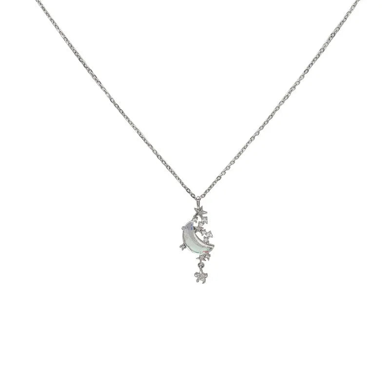 Copper star and crescent moon pendant necklace with diamond treatment on adjustable chain