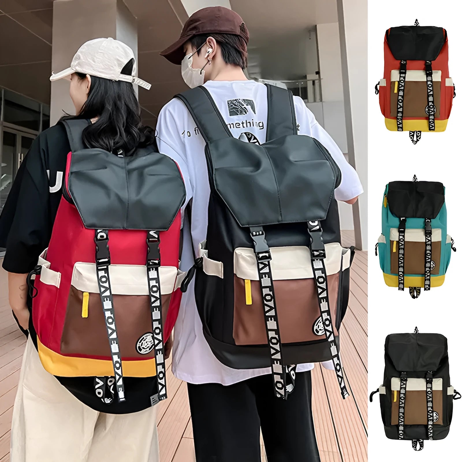 Oxford cloth backpack in black, green, or red with multiple carry handles and straps.