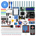 LAFVIN Arduino R3 Super Starter Kit showing blue Uno R3 board, breadboard, LEDs, sensors, and components on a table.