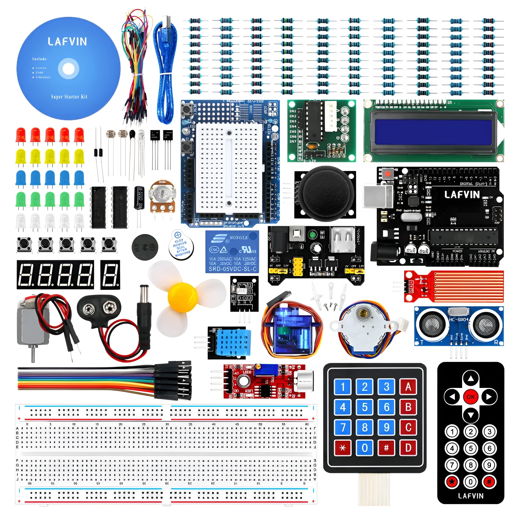 LAFVIN Arduino R3 Super Starter Kit showing blue Uno R3 board, breadboard, LEDs, sensors, and components on a table.