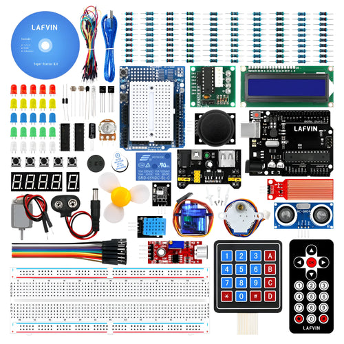 LAFVIN Arduino R3 Super Starter Kit showing blue Uno R3 board, breadboard, LEDs, sensors, and components on a table.