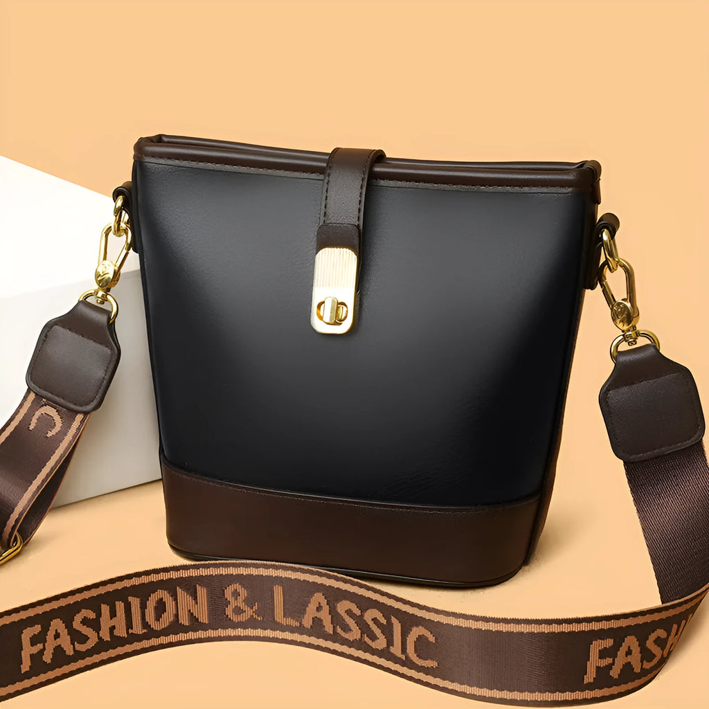 Korean style black PU bucket messenger bag with dual shoulder straps and internal organiser compartments