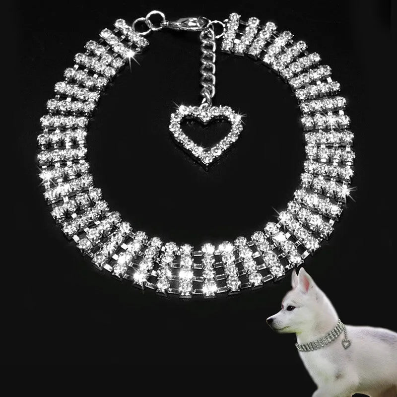 Four-row rhinestone pet collar with heart-shaped chain in white pink and blue for dogs and cats