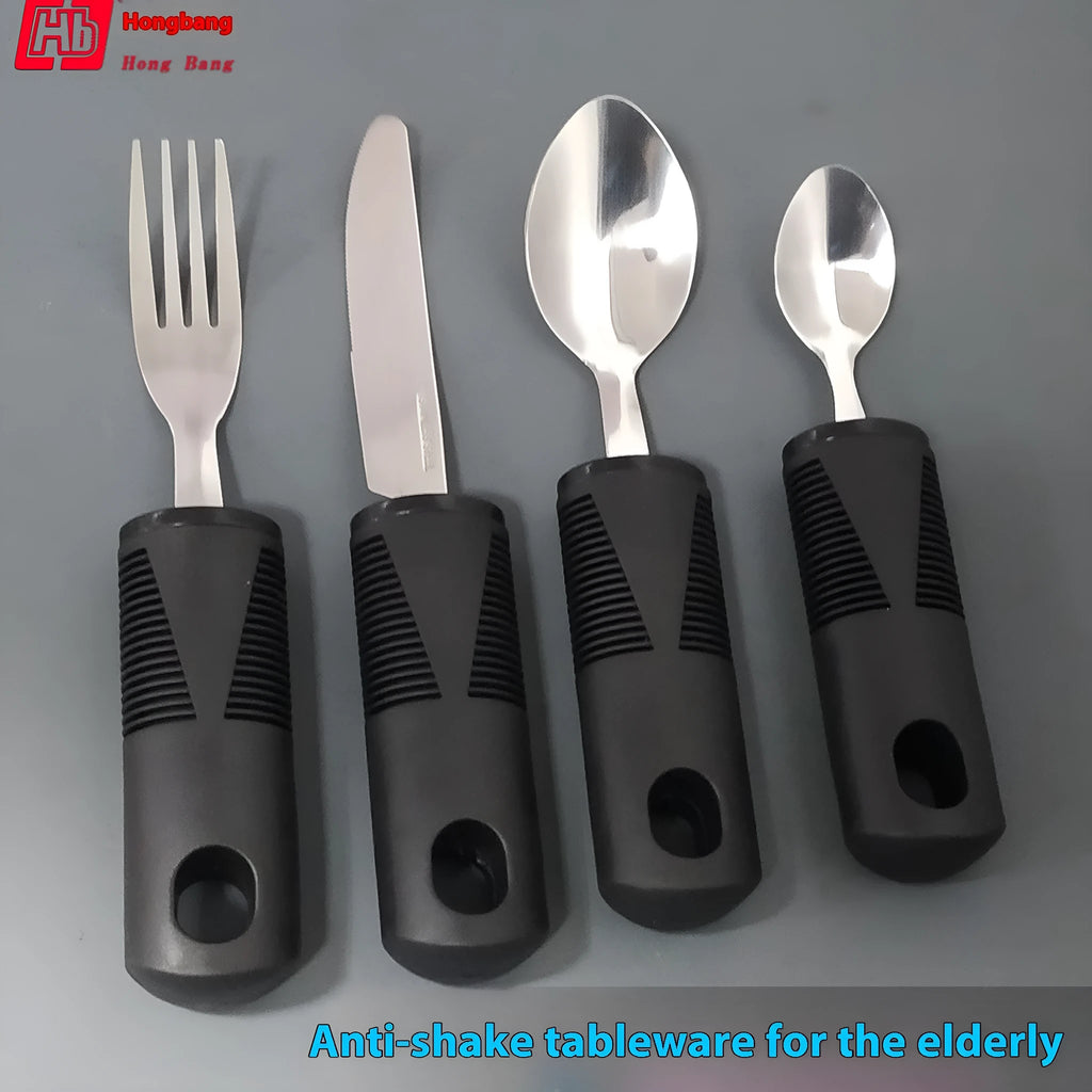 Stainless steel adaptive knife, fork, and spoon with black rubber handle for assisted eating.