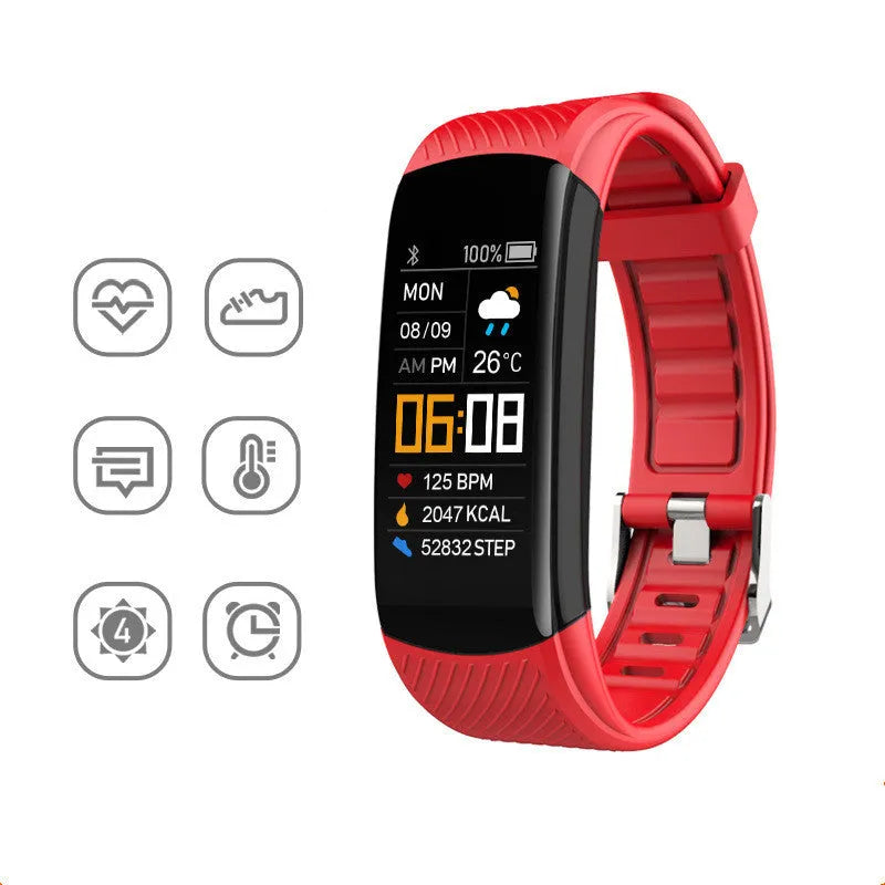 Adult sports silicone pedometer bracelet smart band with touchscreen on a wrist.
