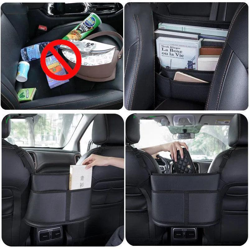 Black leather car seat storage bag with carbon fibre pattern measuring 38cm wide