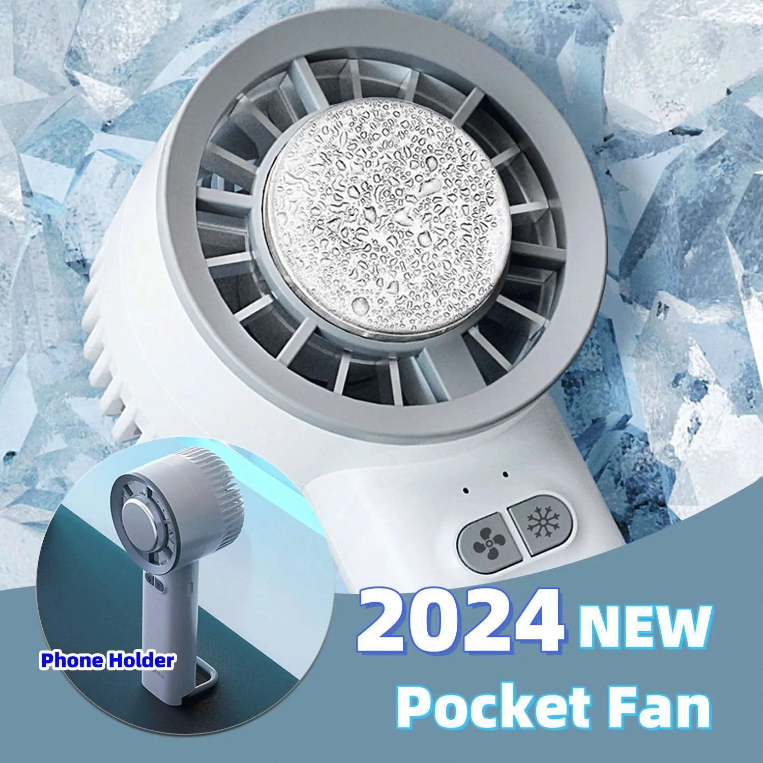 White and light blue handheld portable fan with touch controls and three blades.