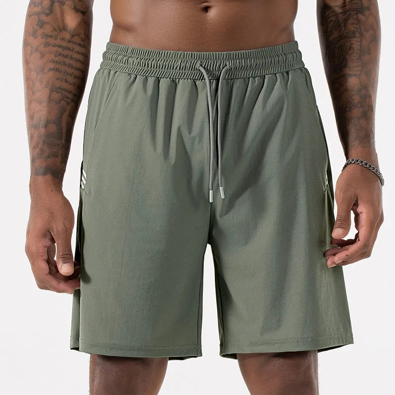 Men's black ice silk quick-drying sports shorts with high waist and cropped length on a plain background.