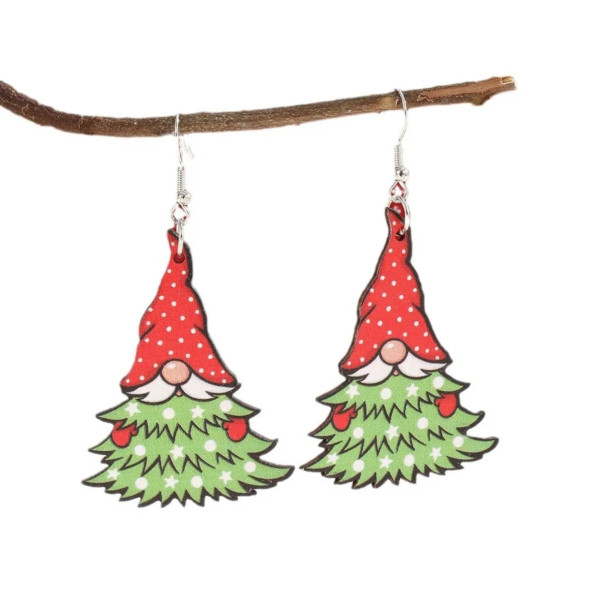 Pair of wooden geometric Christmas earrings with Santa Claus design in red and green colours.