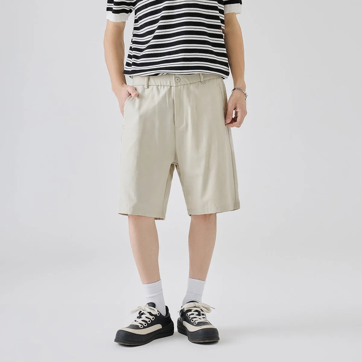 Men's casual shorts in lyocell cotton blend fabric available in apricot, dark grey and black colours