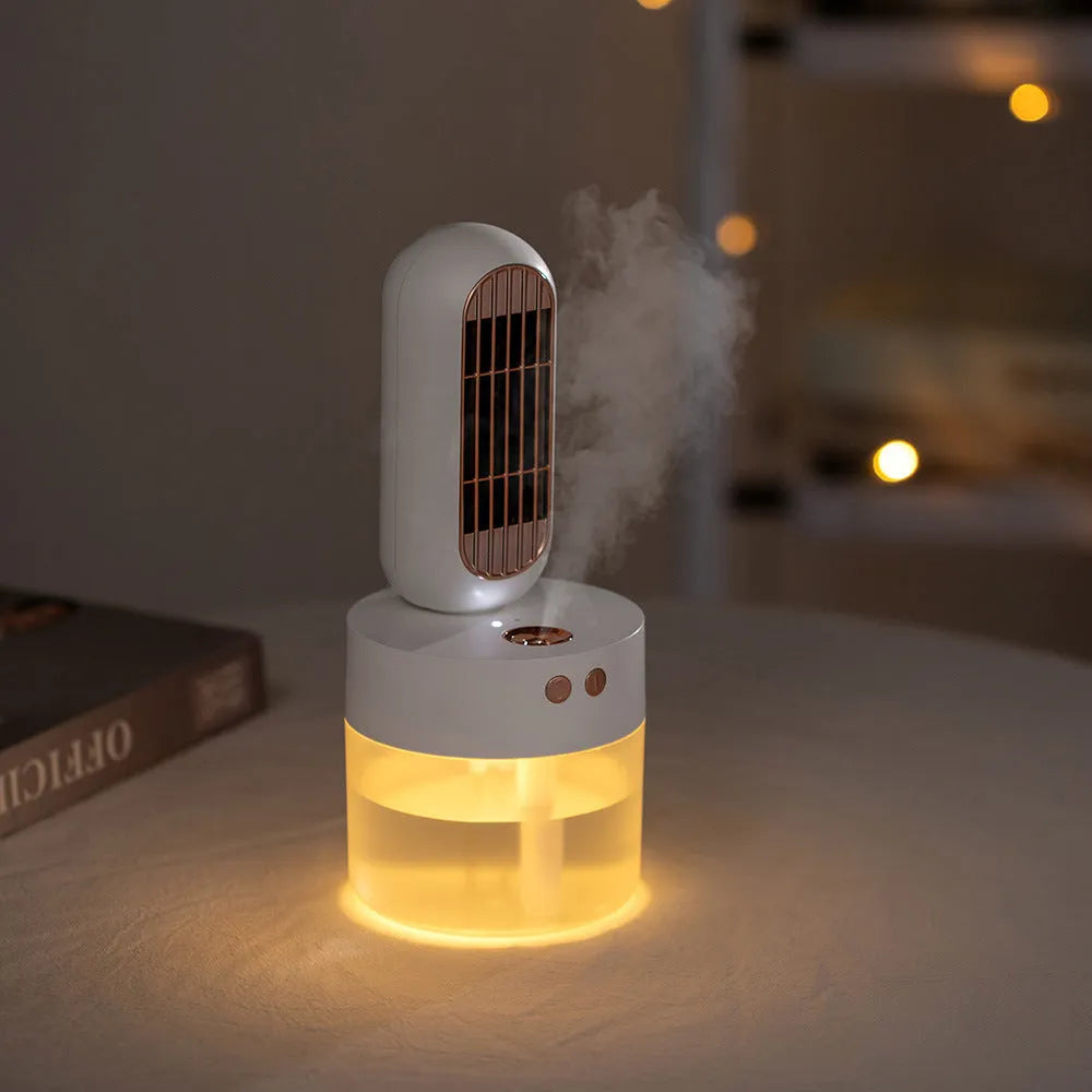 Small black and white humidifier fan with oscillation feature and USB-C charging port