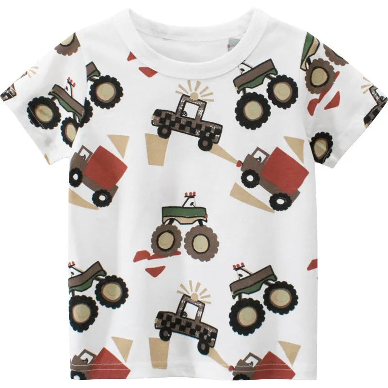 Children's car short sleeve t-shirt in white with cartoon car print, soft fabric, summer top for kids 3-8 years
