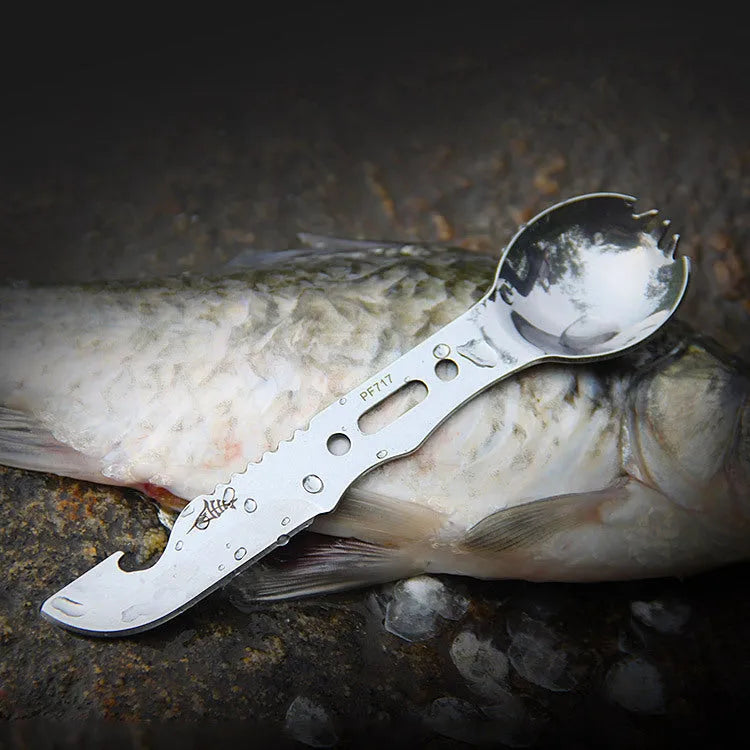Outdoor spoon fork knife set with whistle camping tool 15.7cm stainless steel black silver