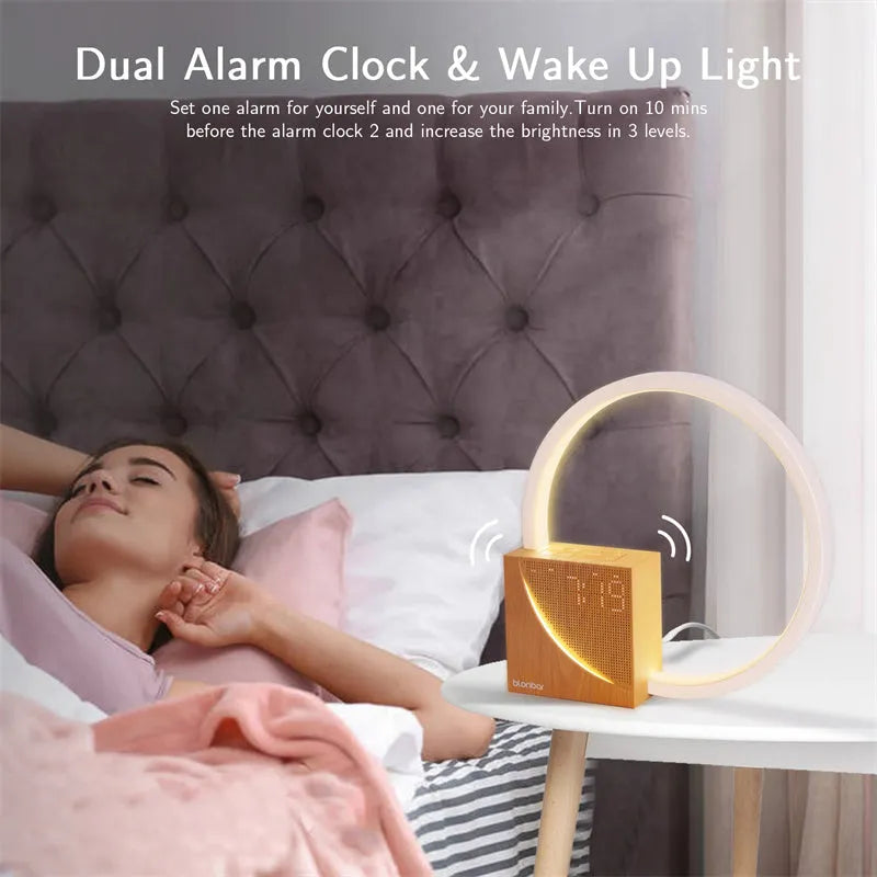 Navy blue wooden touch control bedside lamp with digital alarm clock display and natural sound functions