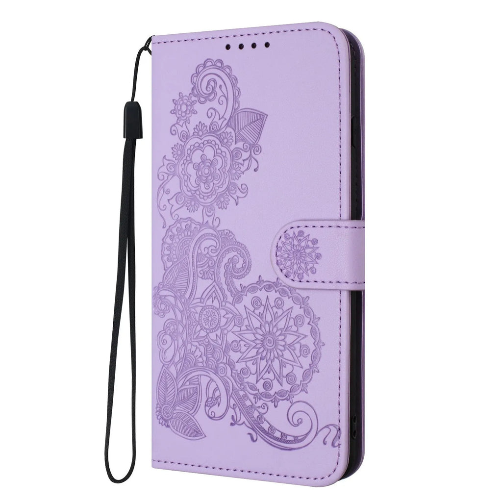 Samsung leather phone case with embossed datura flowers and flip card slot, available in multiple colours