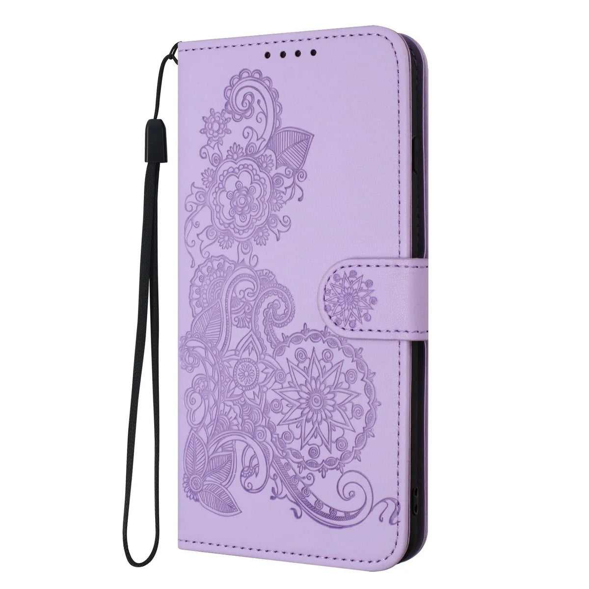 Samsung leather phone case with embossed datura flowers and flip card slot, available in multiple colours
