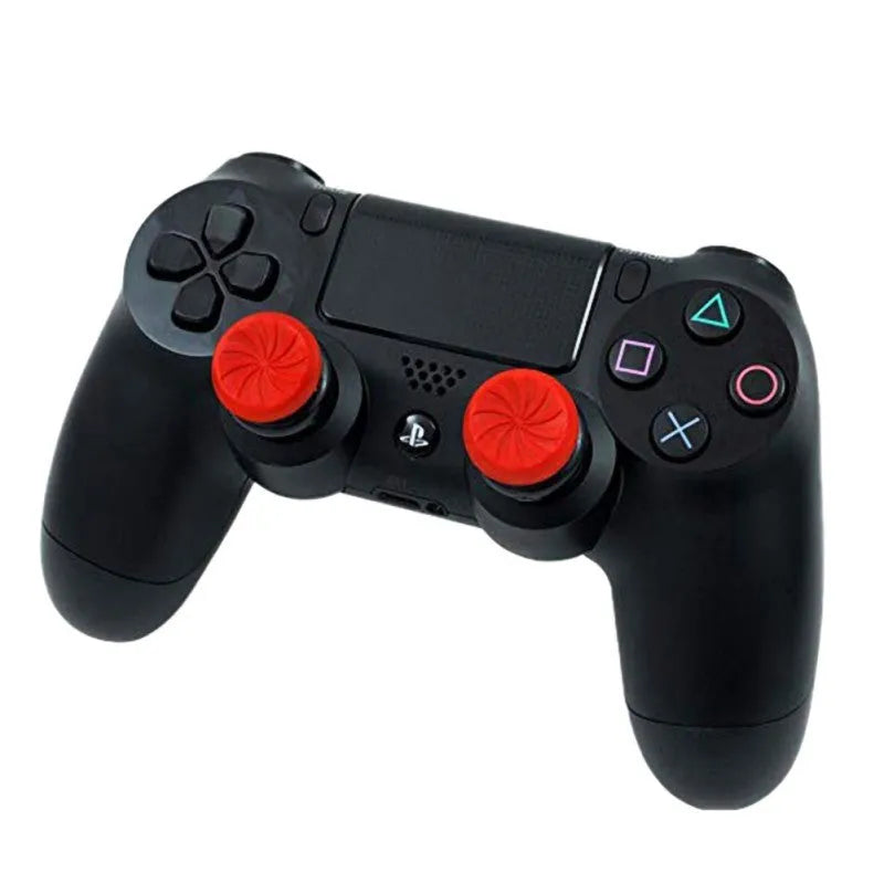 PS4 thumb grip extender caps in ABS plastic, shown in Black Red and Purple, for PlayStation 4 controller