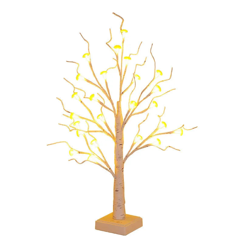60 cm tall white birch tree LED lamp with small mushroom-shaped flowers glowing with warm light.
