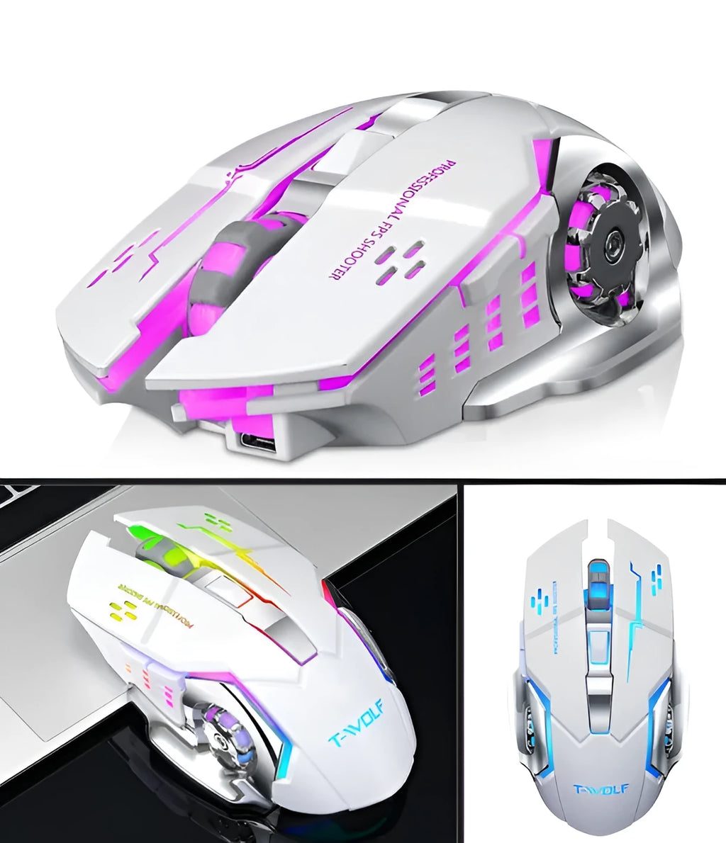 Black and white silent wireless computer mouse on a desk next to a laptop.