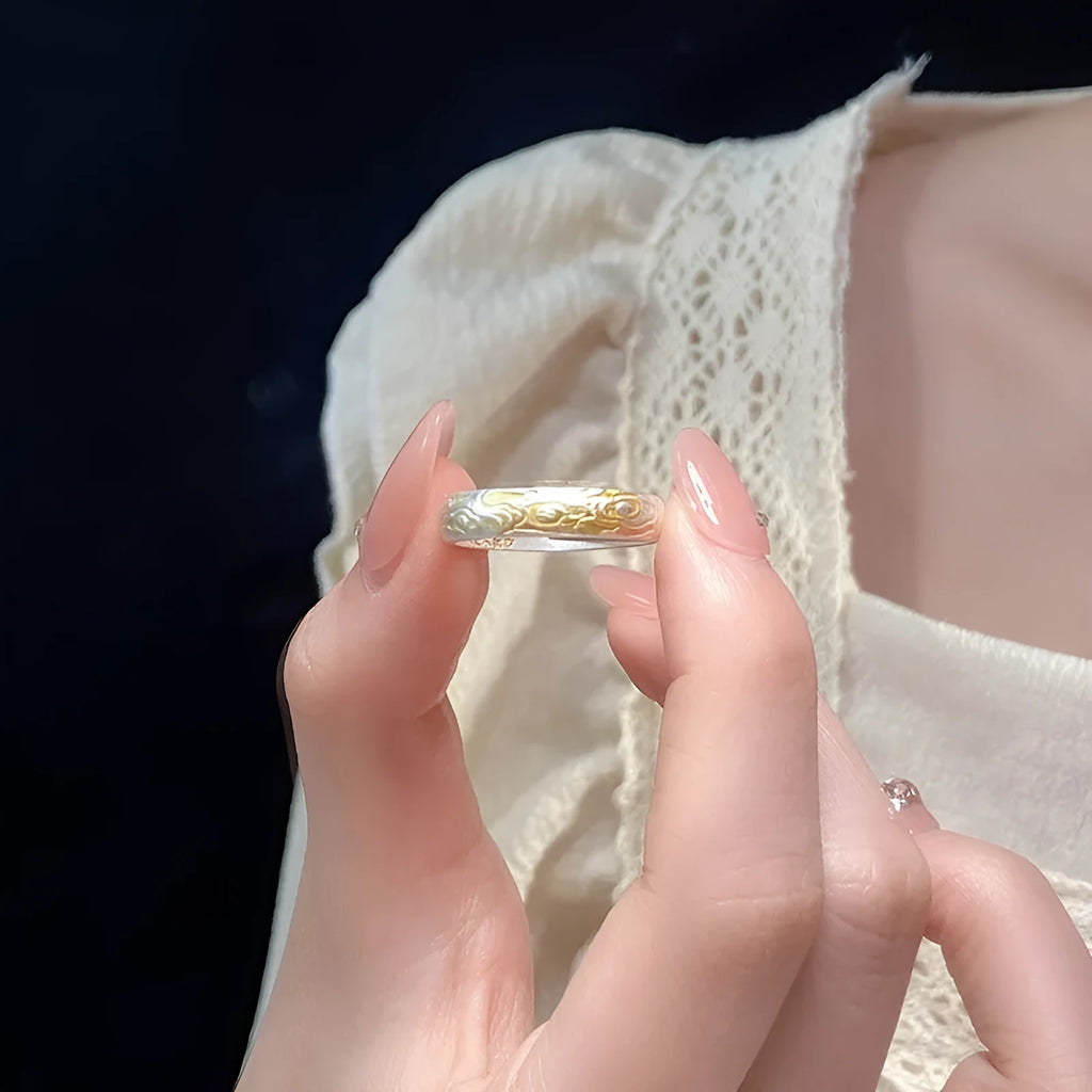J14 Xiangyun pattern white copper adjustable ring with electroplated silver finish geometric fairy style jewellery