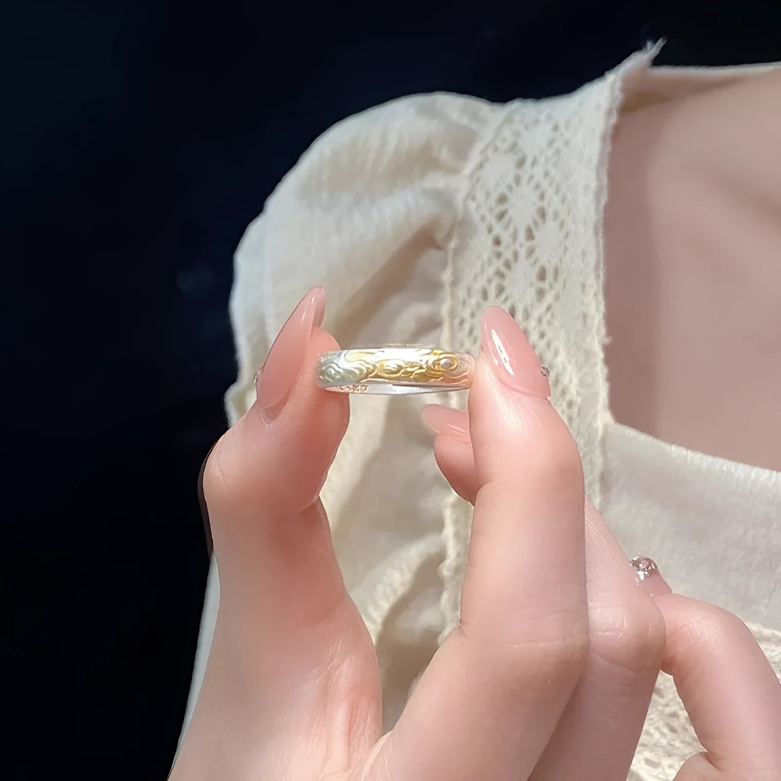 J14 Xiangyun pattern white copper adjustable ring with electroplated silver finish geometric fairy style jewellery