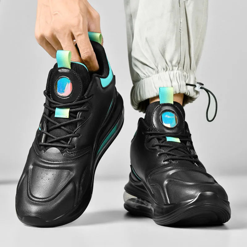 Men's colour-matching lace-up air cushion sneakers with thick sole, microfiber upper, and PU sole in black, green, and white