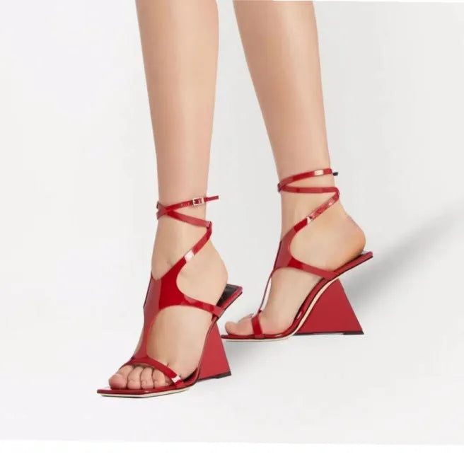 Women's black square toe high heel sandals with a button strap on a 9.5cm heel.