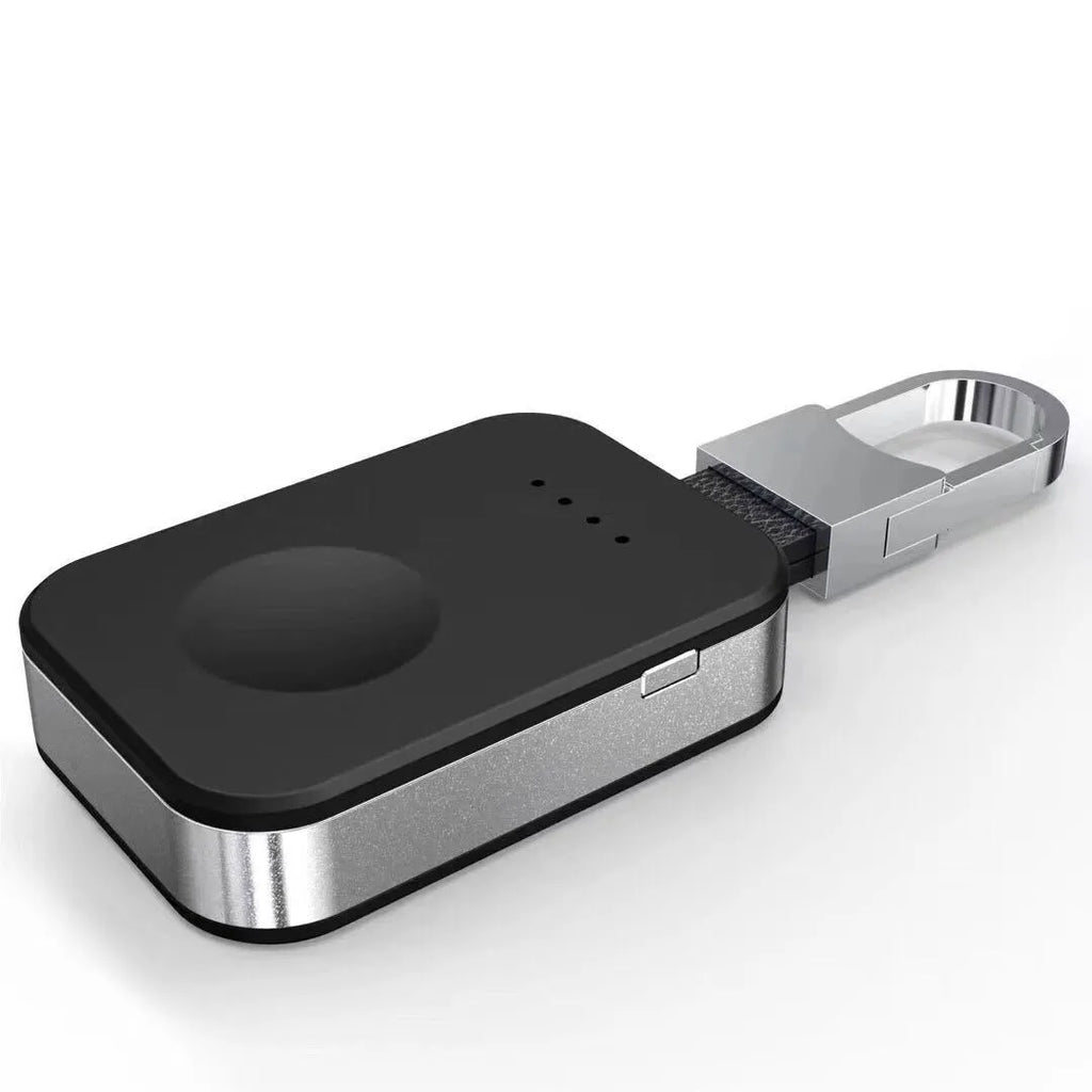 Black ABS keychain wireless power bank for Apple Watch charging on the go.