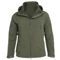 Men's windproof hooded soft shell jacket in black polyester fibre with front zipper and hood