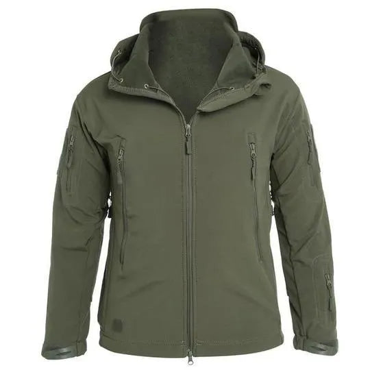 Men's windproof hooded soft shell jacket in black polyester fibre with front zipper and hood
