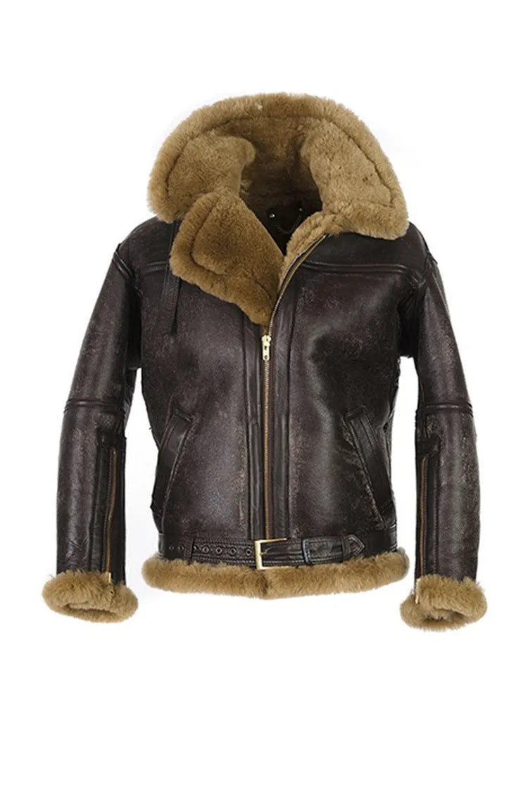 Men's brown retro faux fur coat with synthetic leather construction and side pockets