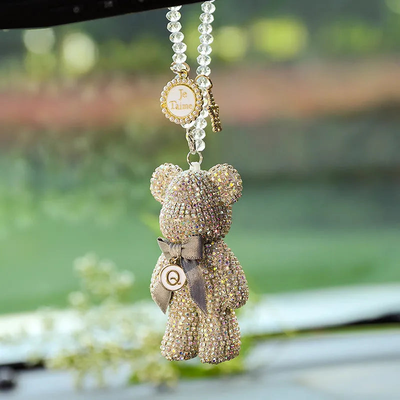 Violent bear car rearview mirror pendant with crystal rhinestones in black, white, and pastel colours