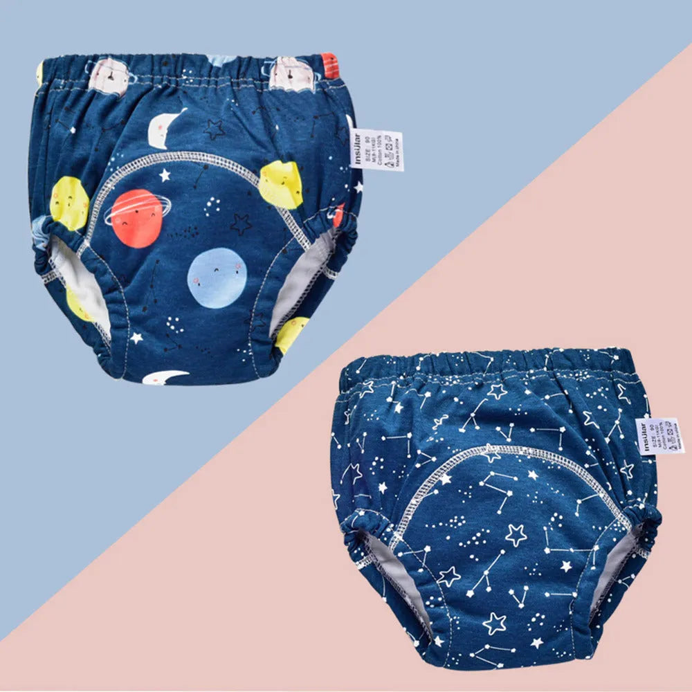 Baby training learning pants in cotton gauze with TPU waterproof layer, shown in panda print on white background