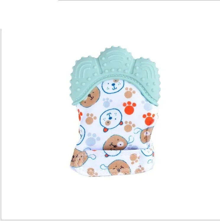Baby silicone teething glove with Velcro strap in a smiley face yellow design.